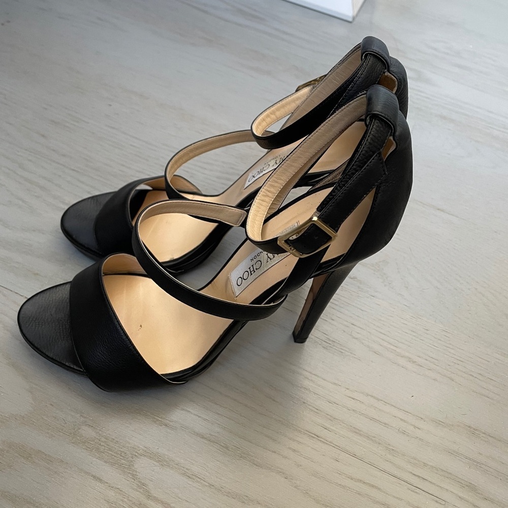 Jimmy Choo Discus Strappy Leather Black Heels🔥
